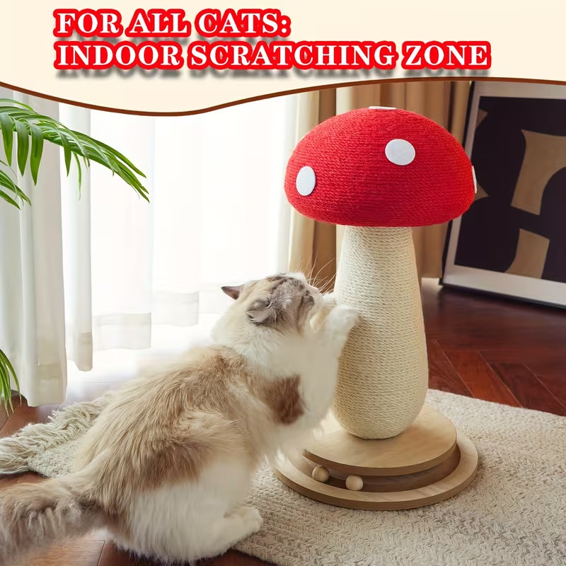 Cat Scratching Post - Red Mushroom with Interactive Turntable & Sisal Surface
