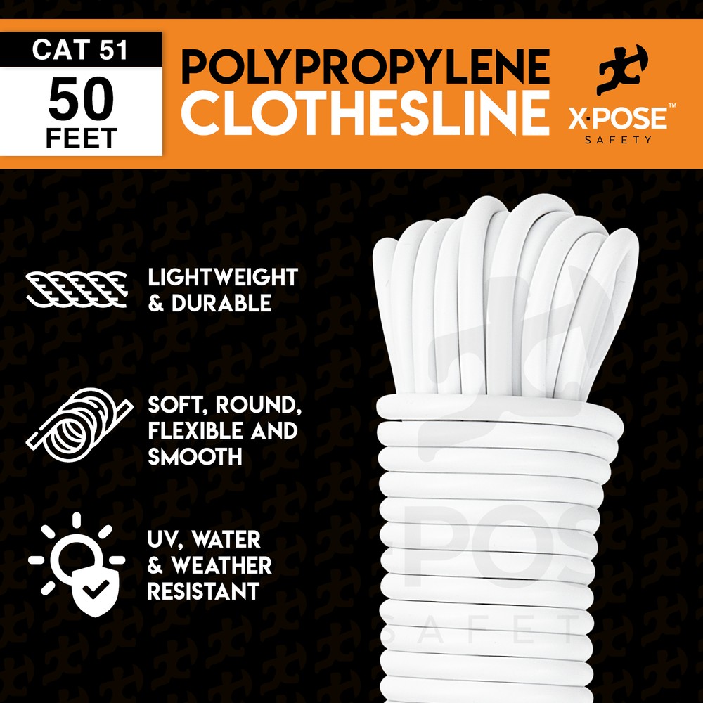 Plastic Clothes Line - White Rope Clothes Line String for Pulley 5/32" x 50FT