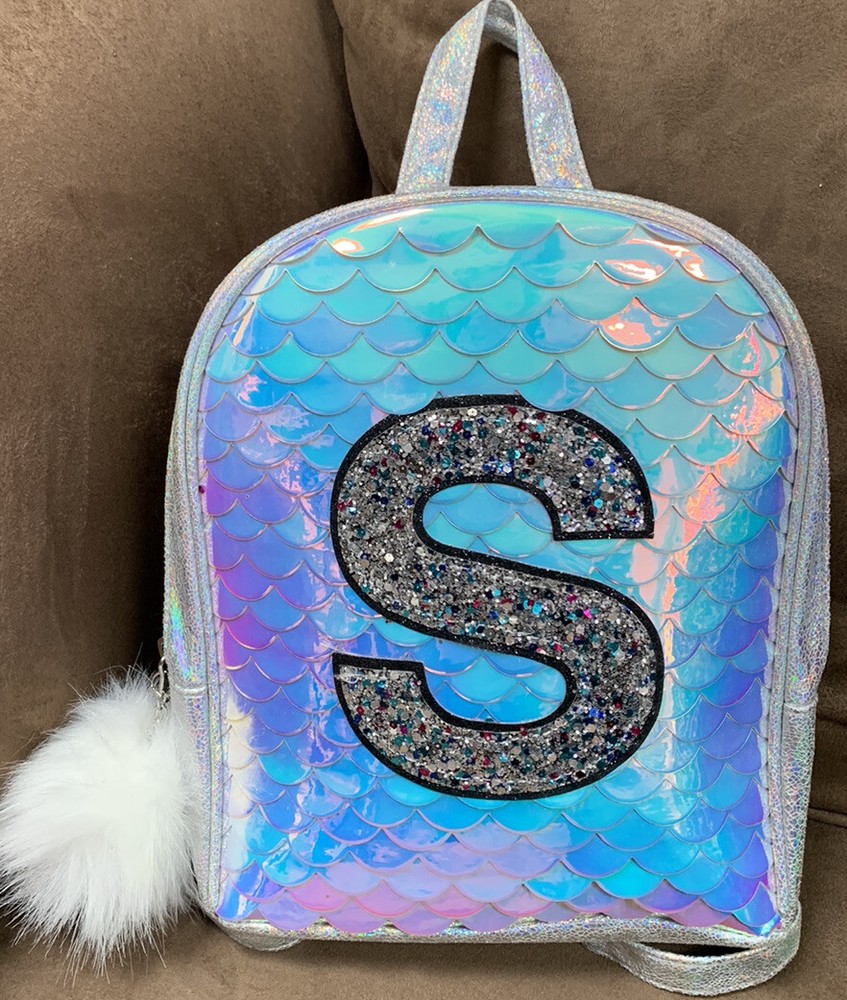 JUSTICE MINI BACKPACK INITIAL “S” MERMAID SCALES IRIDESCENT SHIMMERING CUTE!!