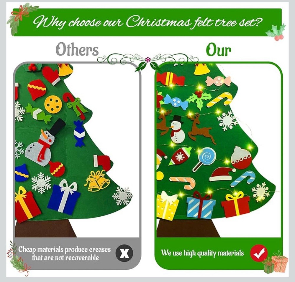 Flechllary 3ft Felt Christmas Tree Snowman Advent 33Ornament StringLight Need2AA