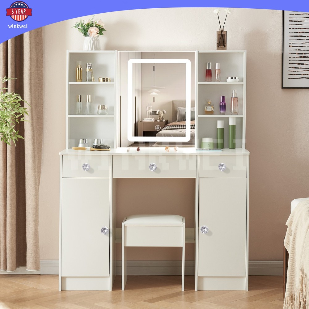 Makeup Vanity Table with Smart LED Mirror 5 Drawers & Crystal Pull Dressing Desk