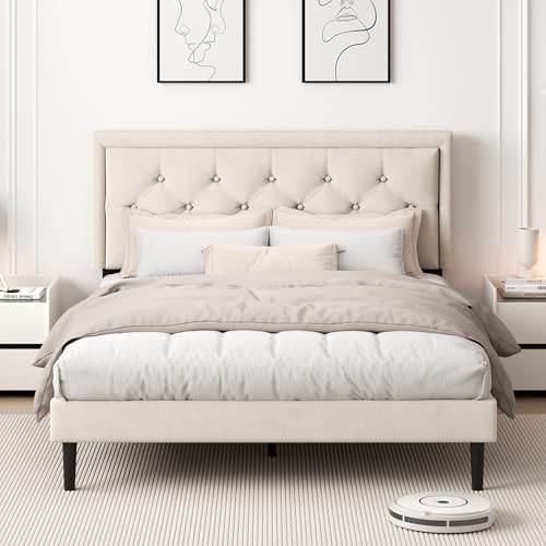 Size Platform Bed Frame with Upholstered Velvet Button Tufted Full Beige