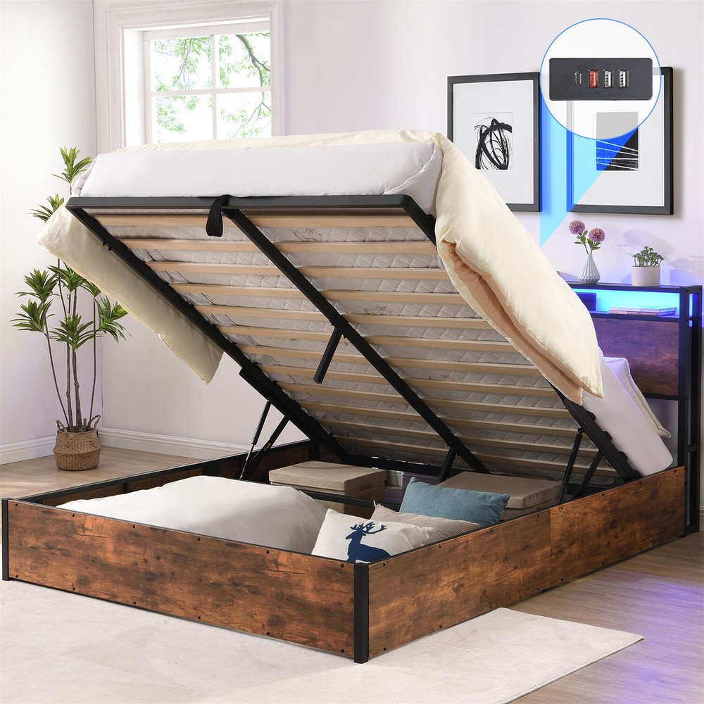 Full/Queen Size Bed Frame Wood Platform Bed Frame w/ Storage & LED Lights