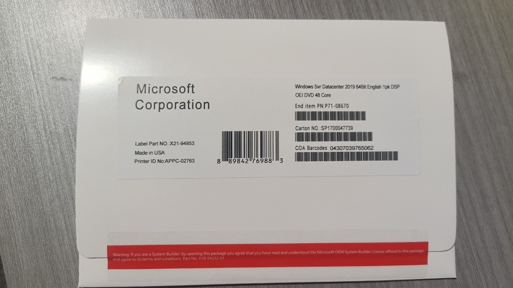 Microsoft Windows Server 2019 Datacenter 48-Core x64 bit DVD Kit & HHD