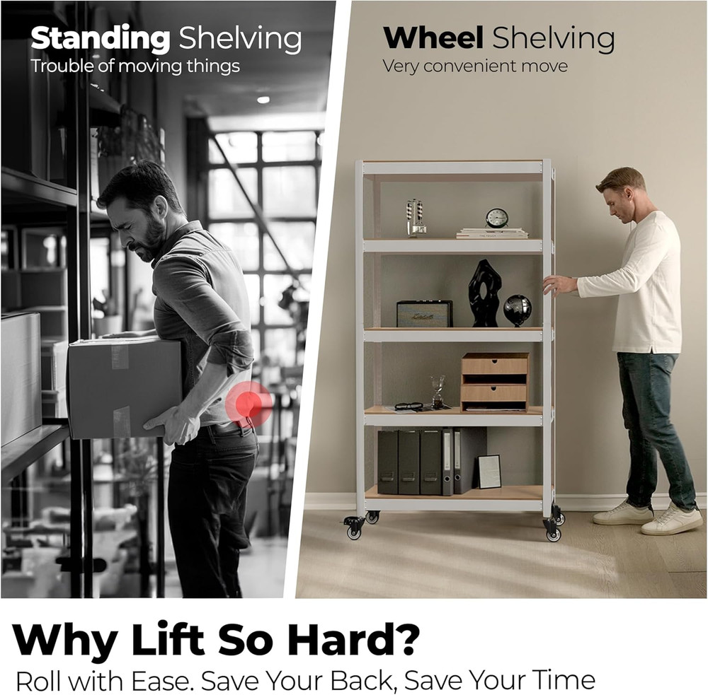 5-Tier Metal Rolling Cart with Adjustable Shelves - Heavy Duty Storage Unit