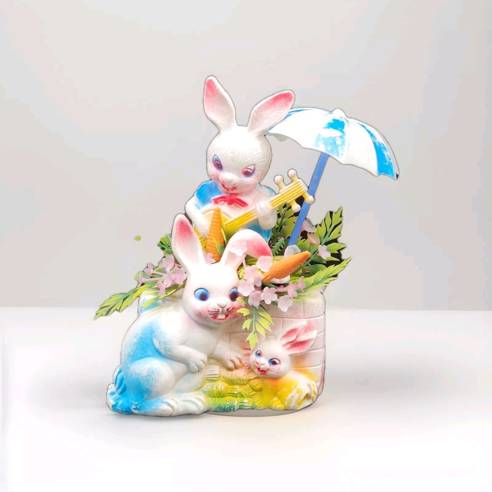 VTG Kitsch Easter Bunny Rabbit Plastic Centerpiece Topper 8" Anthropomorphic