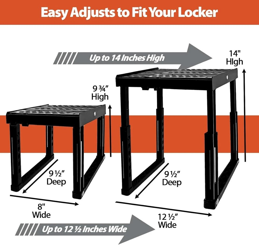 Locker Organizer Shelf， Adjustable Width and Height, Stackable, Ideal Black