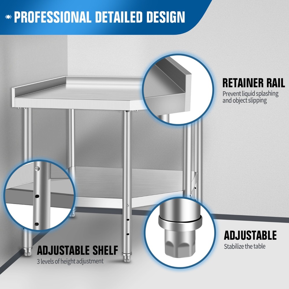 Corner Stainless Steel Table with Splash Guard and Adjustable Lower Shelf