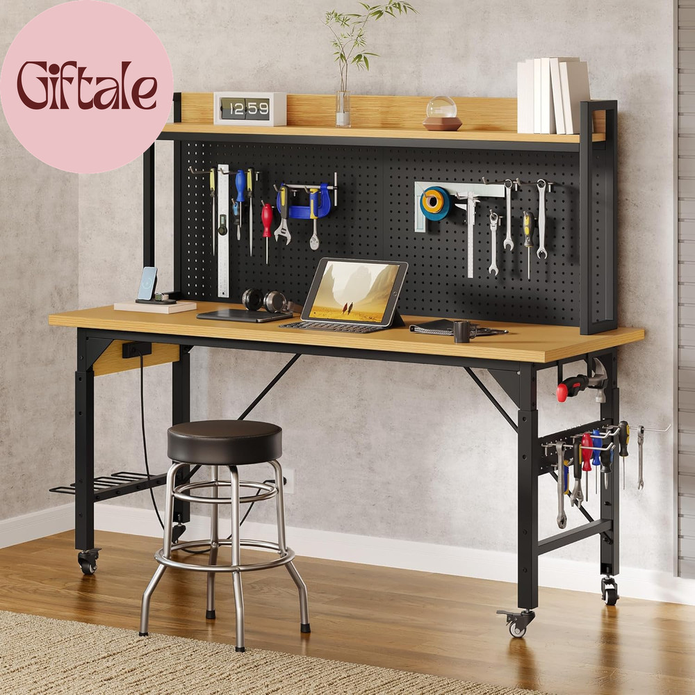 Adjustable Workbench with Pegboard 48", Heavy Duty Wood Top Work Bench with Whee