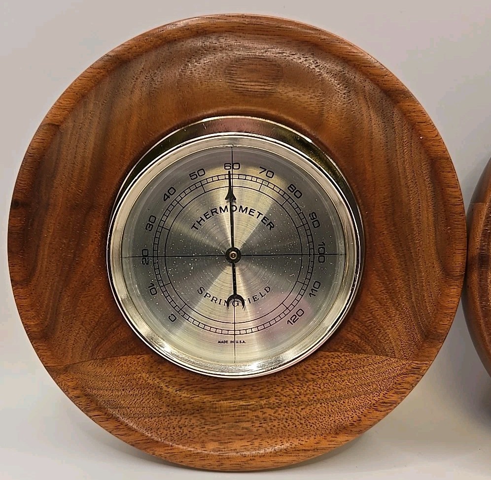 Vintage SPRINGFIELD Set Therometer & Barometer Solid American Walnut Round 5.5"