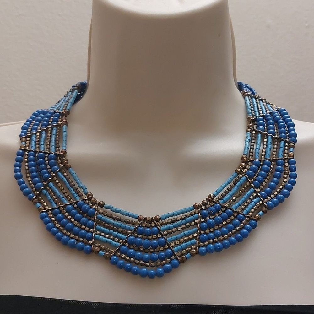 Boho Tribal Tri Tone Blue Gold Tone Seed Bead Statement Necklace