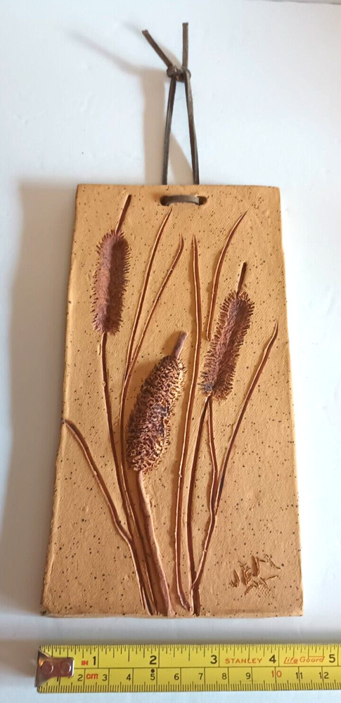 Studio Art Pottery Wall Hanging Tile MCM Design Cattails Signed