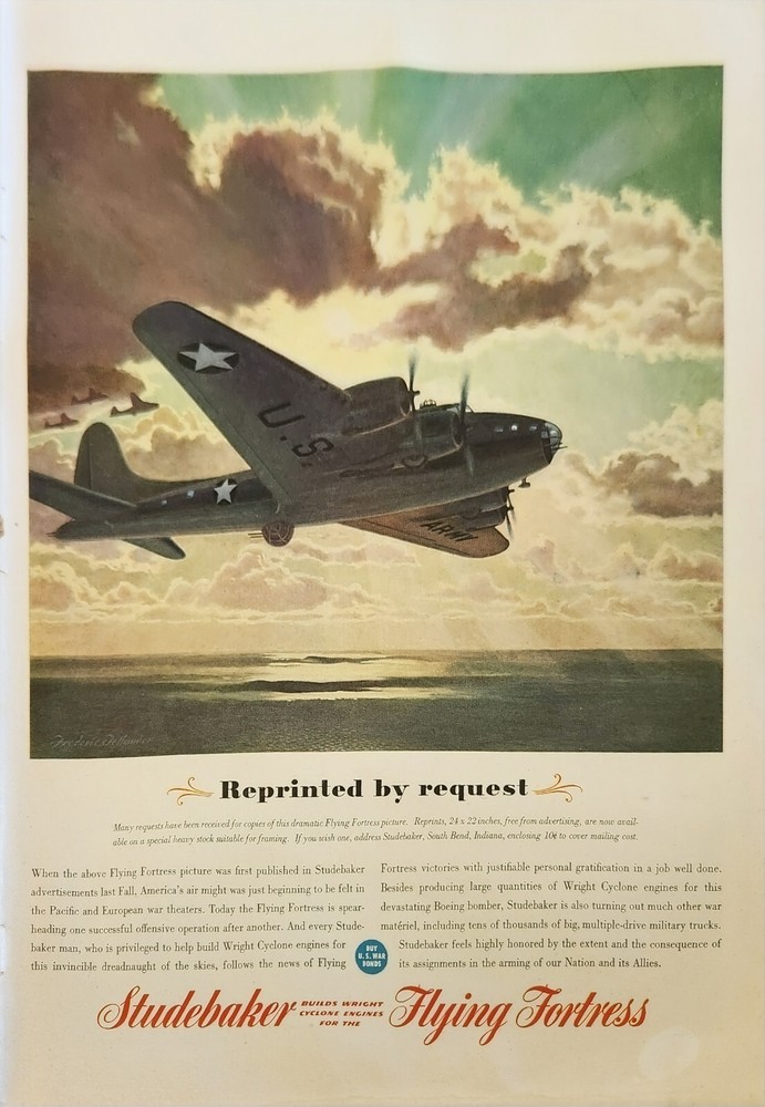 1943 Studebaker Flying Fortress Airplane Vintage Ad Preprinted by request