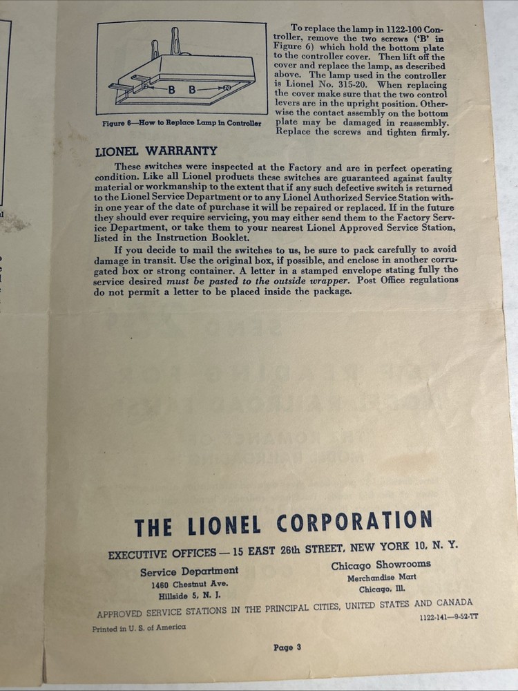 LIONEL How To Operate #1122 Remote Switch Instruction Sheet - O27 - 1952
