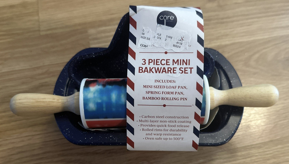 Core Kitchen 3 pc Mini Bakeware Set Loaf Pan Spring Form Pan Bamboo Rolling Pin