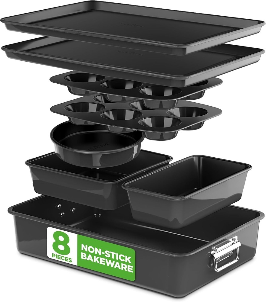 8-Piece Stackable Nonstick Bakeware Set - Steel Baking Pans Set - Includes R...