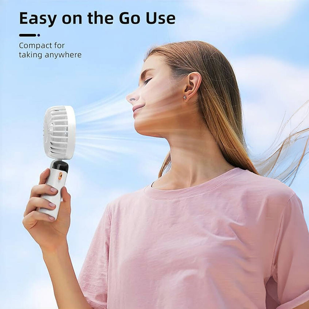 Foldable Handheld Fan White Battery Display,5 Speeds,USB Charging,8Hrs Cooling