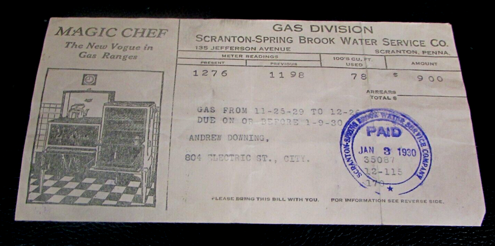 1929 SCRANTON - SPRING BROOK WATER SERVICE - GAS DIVISION - MAGIC CHEF GAS RANGE