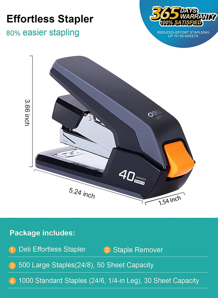 Deli Effortless Desktop Stapler, 40 Sheet Capacity, One Finger Touch Stapling, E