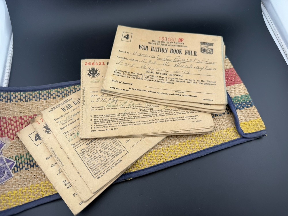 War Ration Books And Hand Woven Holder Case