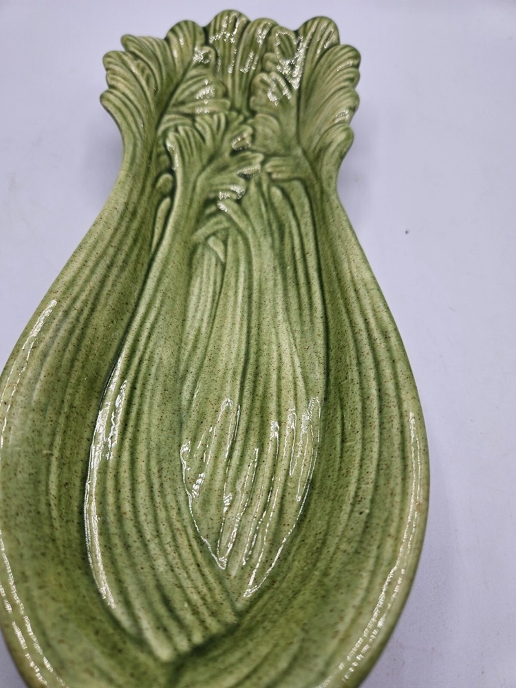VTG. Hand Made Pottery Celery Dish Green