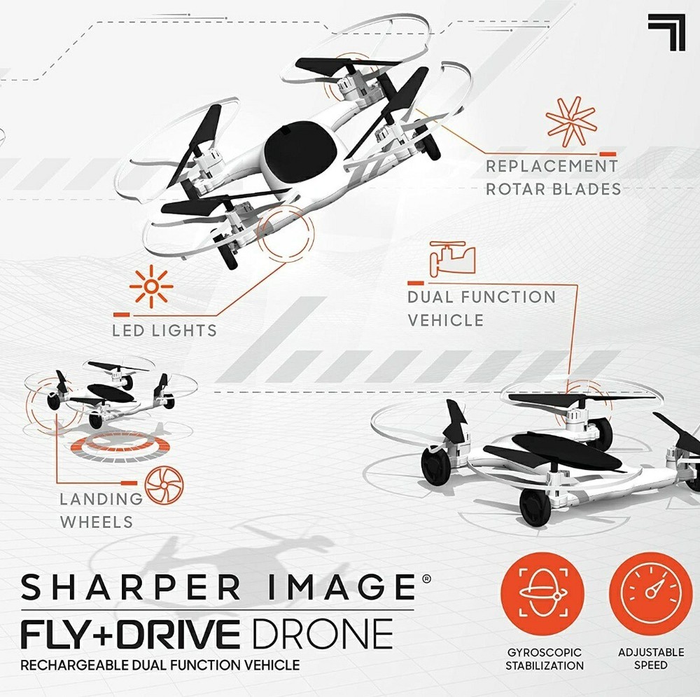 SHARPER IMAGE FLY + DRIVE 7" DRONE RECHARGEABLE DUAL FUNCTION 2.4GHZ LONG RANGE