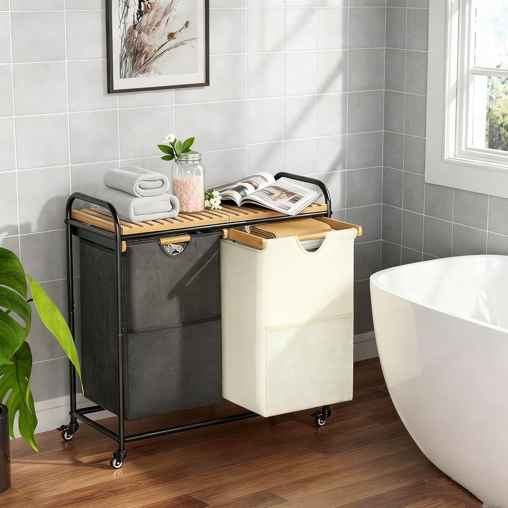 Laundry Sorter 2 Section Laundry Hampers W/ Removable Shelf & Pull-Out Bags
