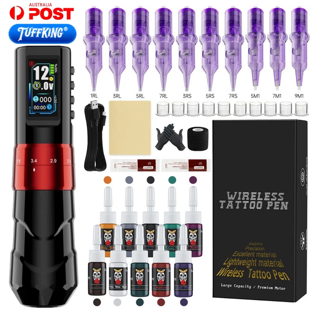 TUFFKING Tattoo Machine Kit Wireless Pen Battery Needle Inks Adjustable Stroke