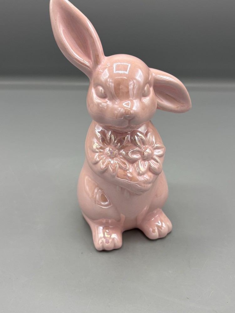 Glossy pink ceramic Easter bunny with carrot
