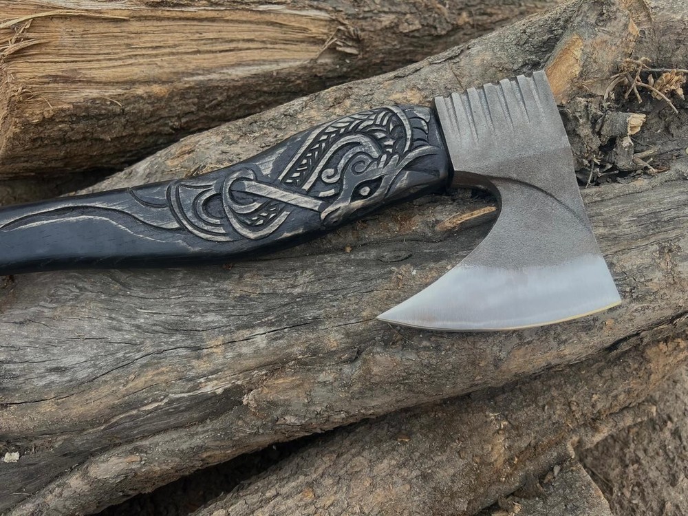 Custom Carbon Steel Viking Hatchet Axe with Engraved Handle