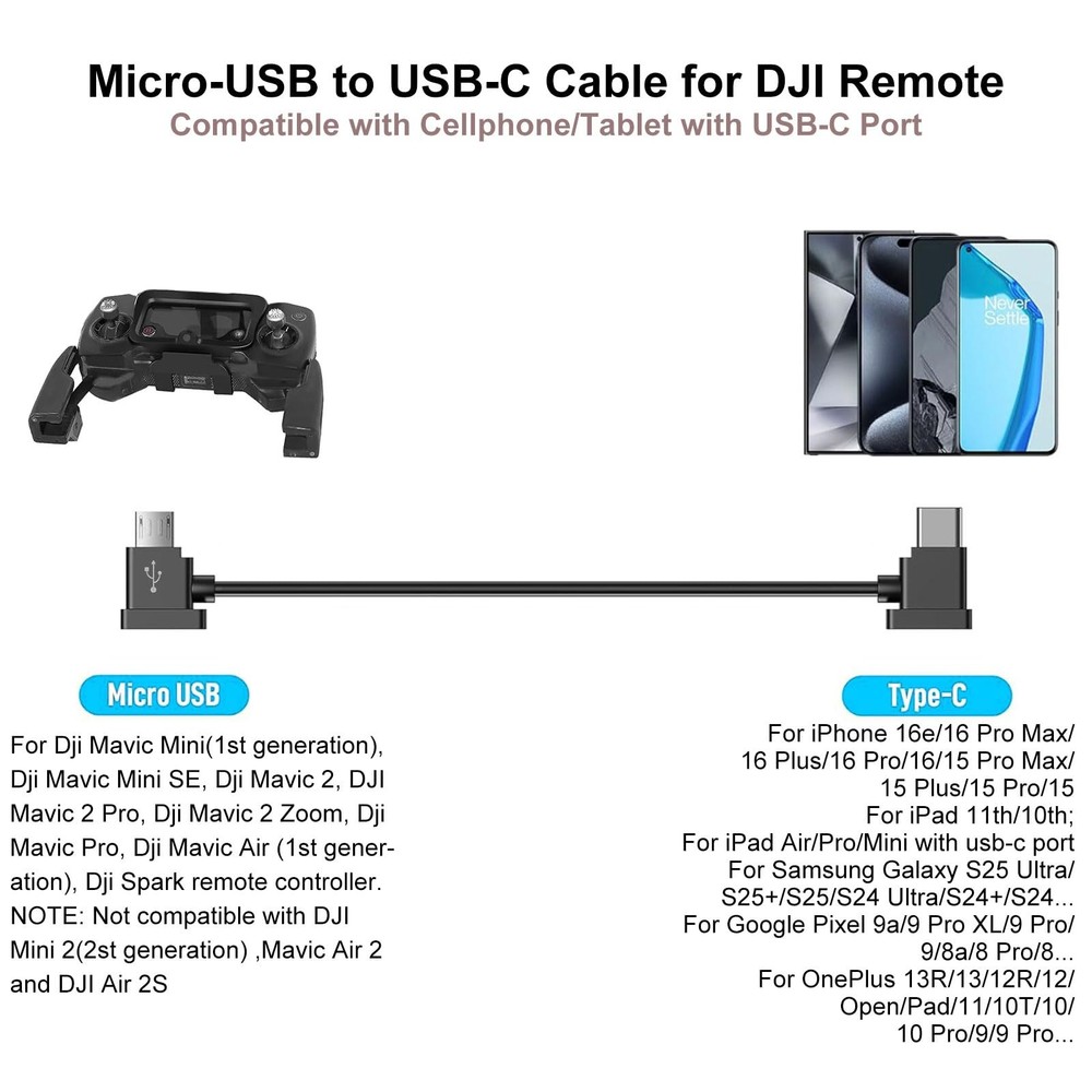 1FT Micro to USB C Remote Controller Cable for DJI Mavic 1 foot, Black