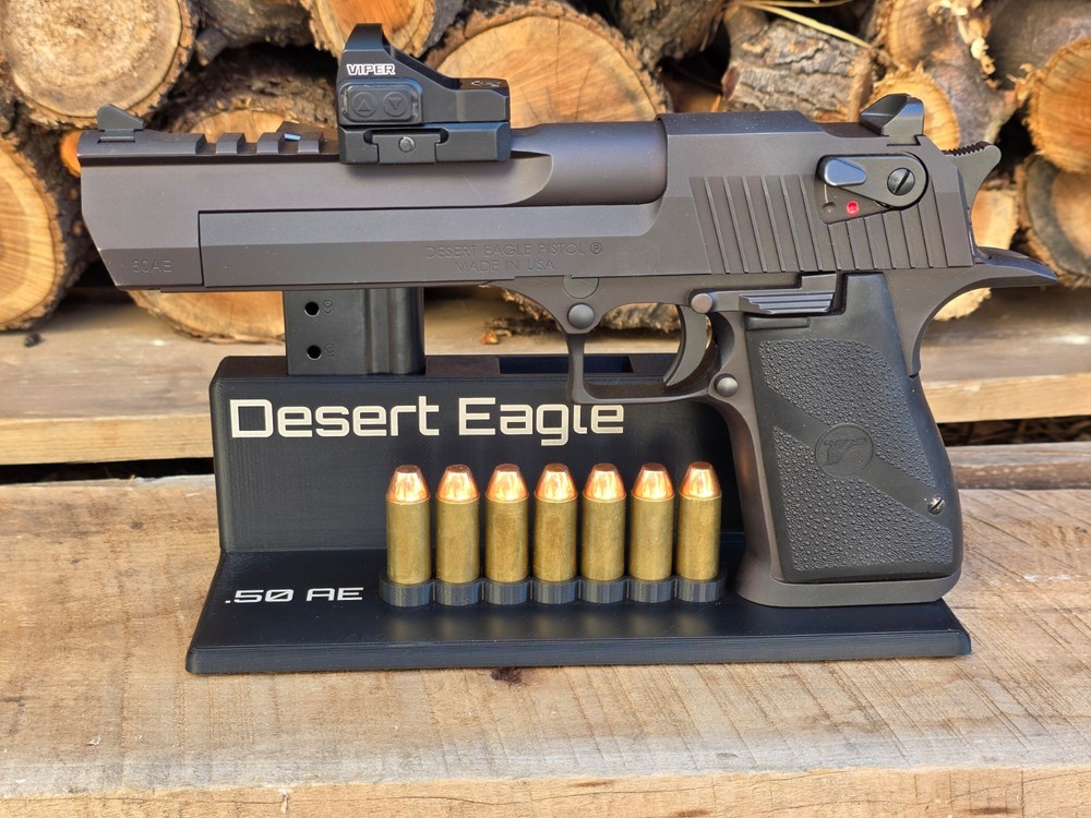 Desert Eagle 50 AE Pistol Display Stand - Holds 3 Mags - Laser Etched Text