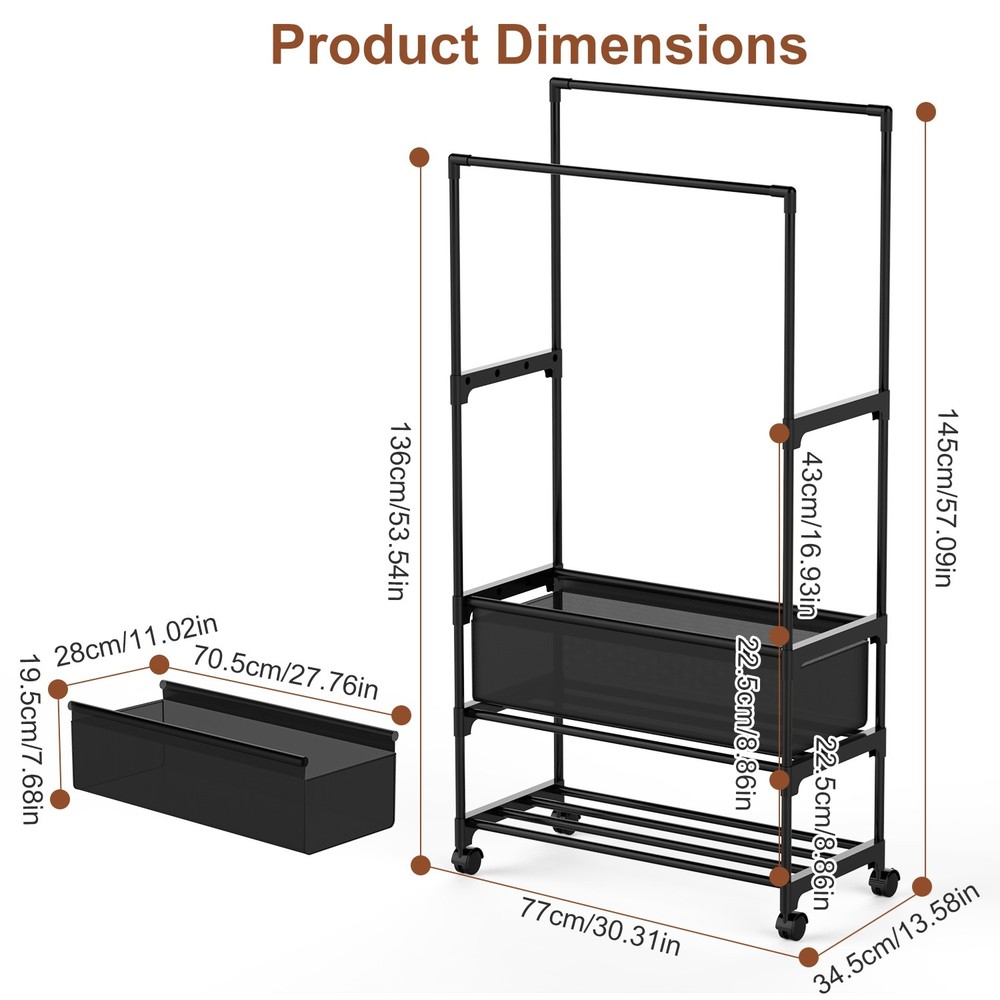 Clothes Rack Rolling Garment Rack 3 Tier Adjustable Wire Shelving Clothing Rack