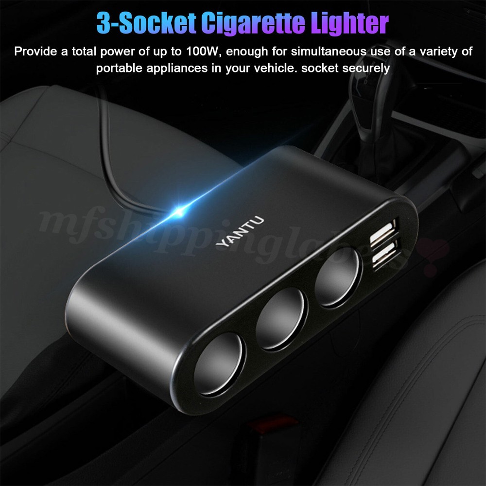 3 Way Car Cigarette Lighter Socket Splitter 12V Dual USB Power Adapter Charger