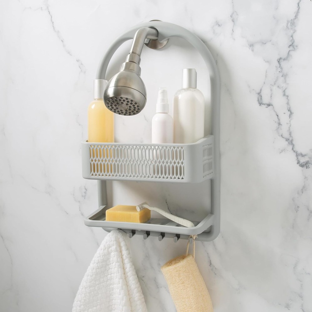 Molded Shower Caddy Bathroom Storage Hangs Over Shower Head 6 Accessory Hooks