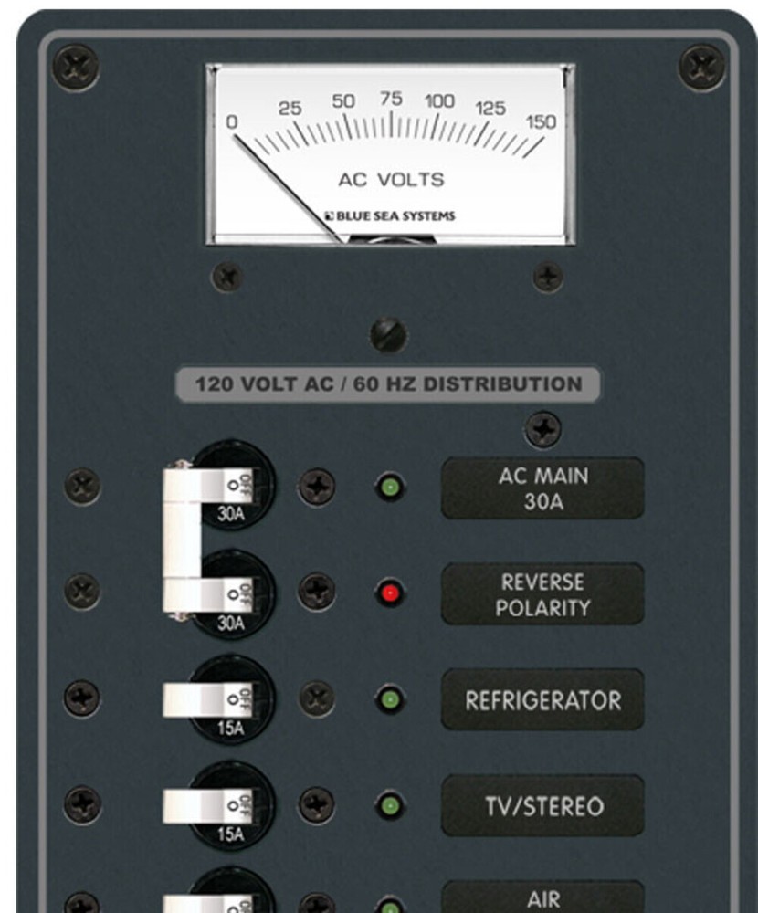 BLUE SEA 8043 AC MAIN BREAKER PANEL WITH VOLTMETER, MAIN + 3 POSITIONS