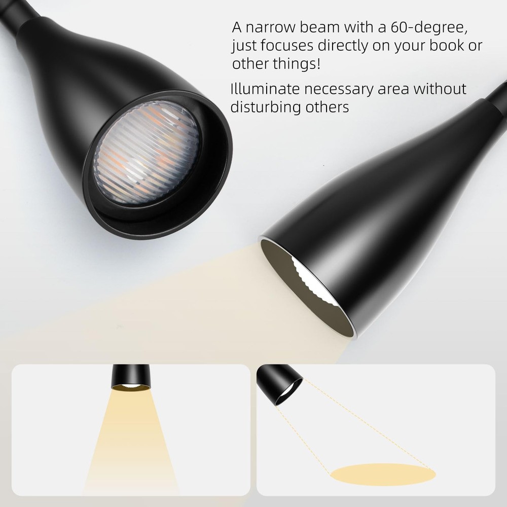 Black LED Wall Mounted Reading Light 5 Color Modes 10 Brightness Dimmer USB