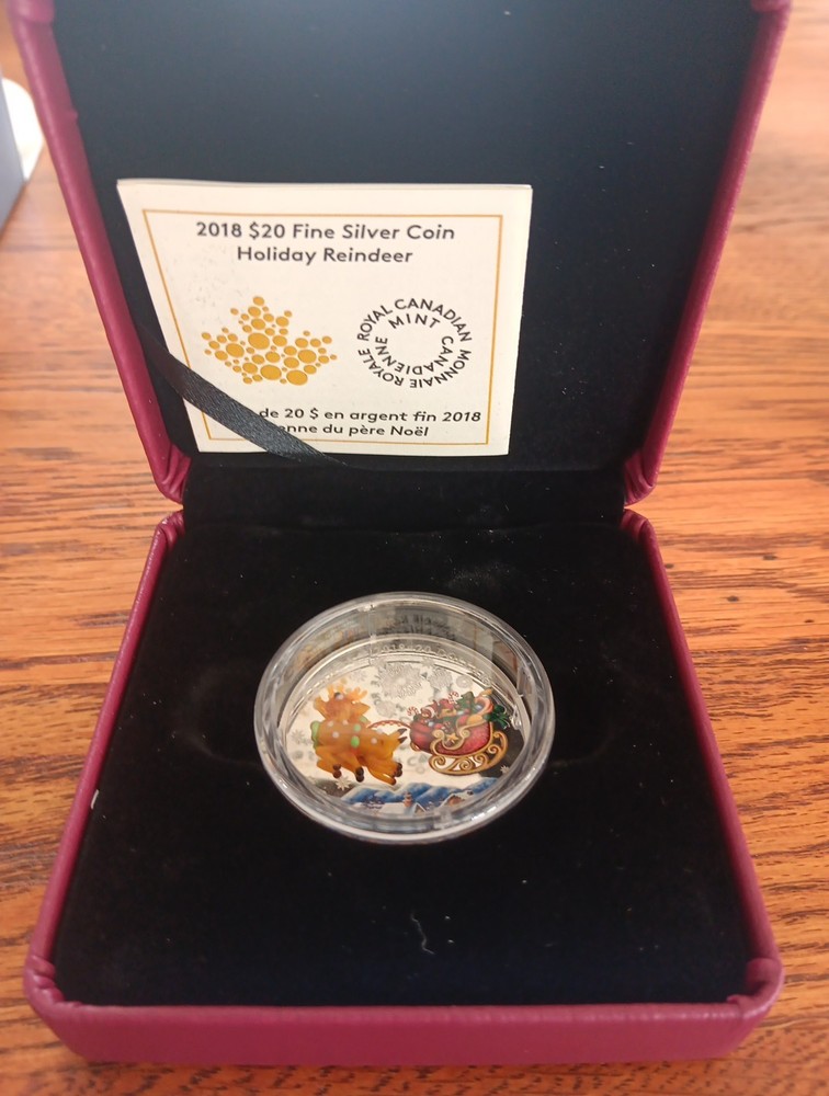 2018 Canada $20 Fine Silver Coin Holiday Reindeer V. Glass