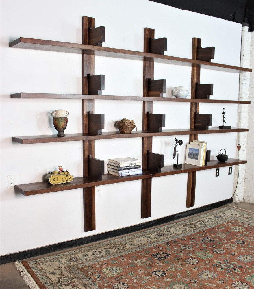 Custom 11 foot wide walnut Pierre Chapo bibliotheque style bookcase