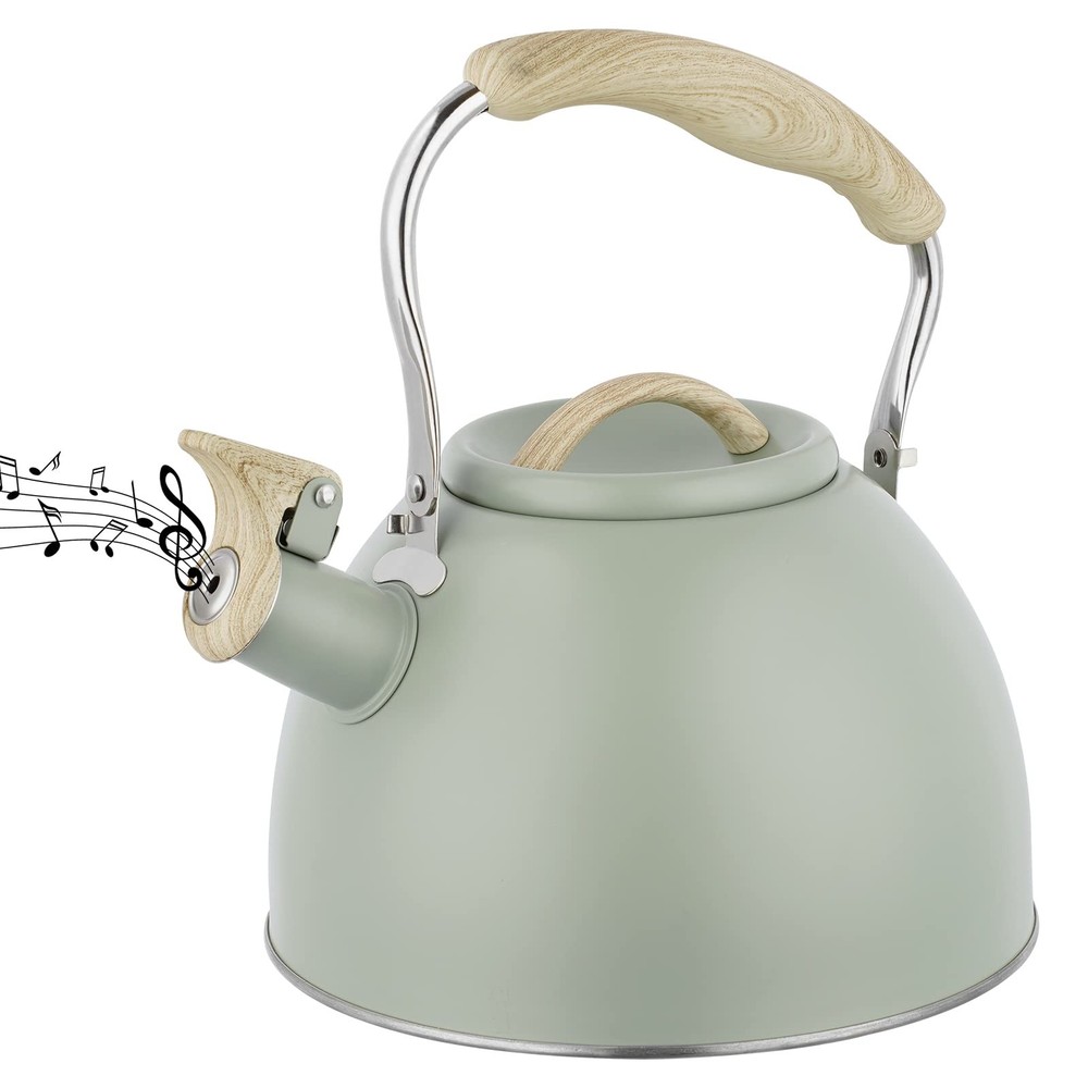 Whistling Tea Kettle 3.0 Quart Stainless Steel Stove Top Wood Handle Green