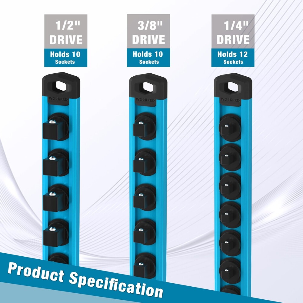 WORKPRO 1/4-Inch Magnetic Socket Organizer Aluminum Alloy Socket Rail Sky Blue