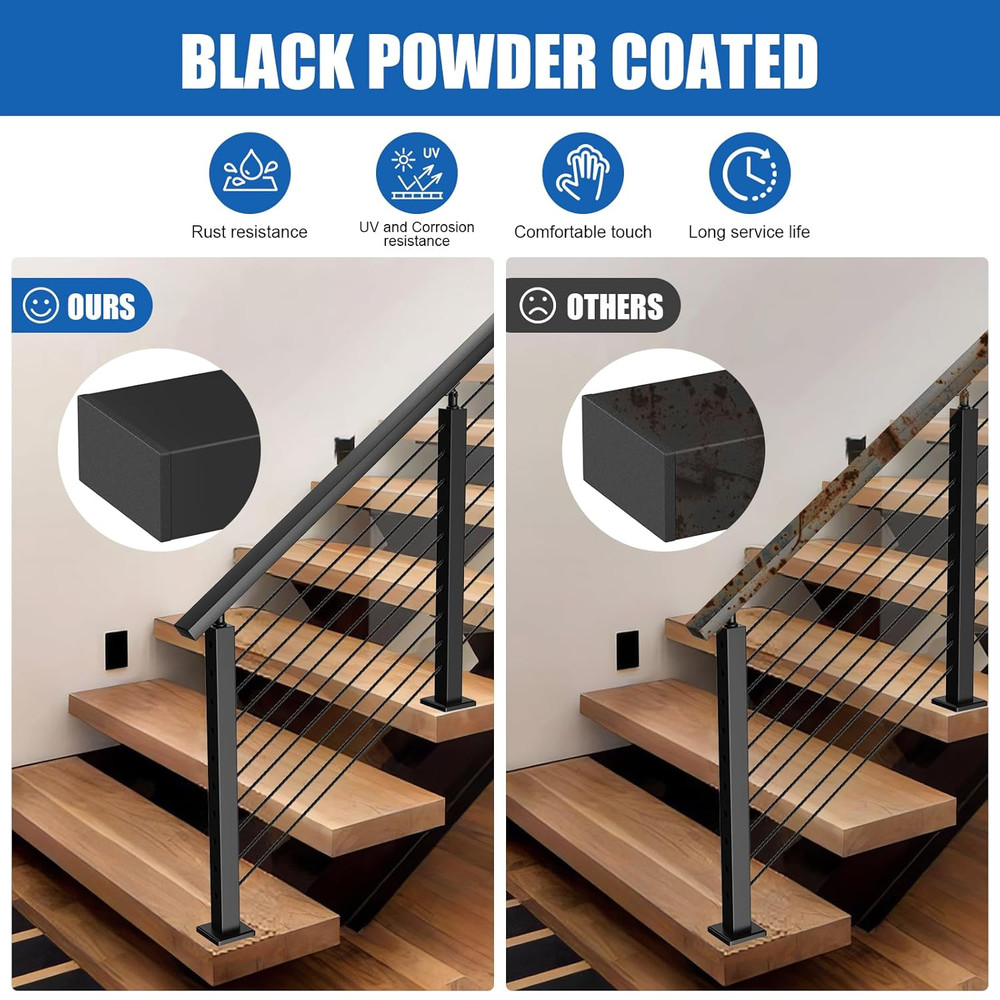 8FT Stainless Steel Cable Railing Handrail, Black Rectangular Handrail Flat Top