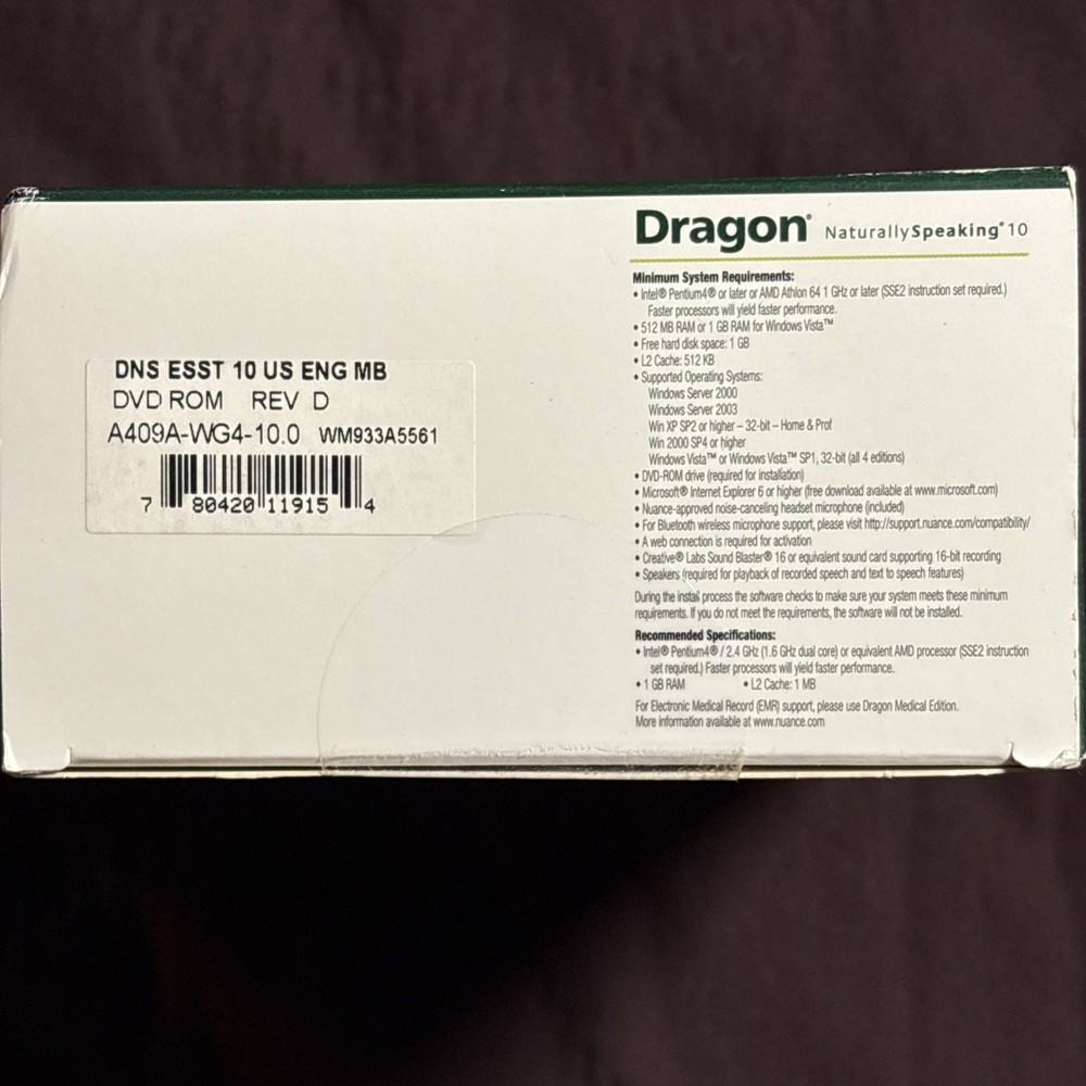 Dragon Naturally Speaking 10 Standard Speech Recognition Software (PC) SEALED