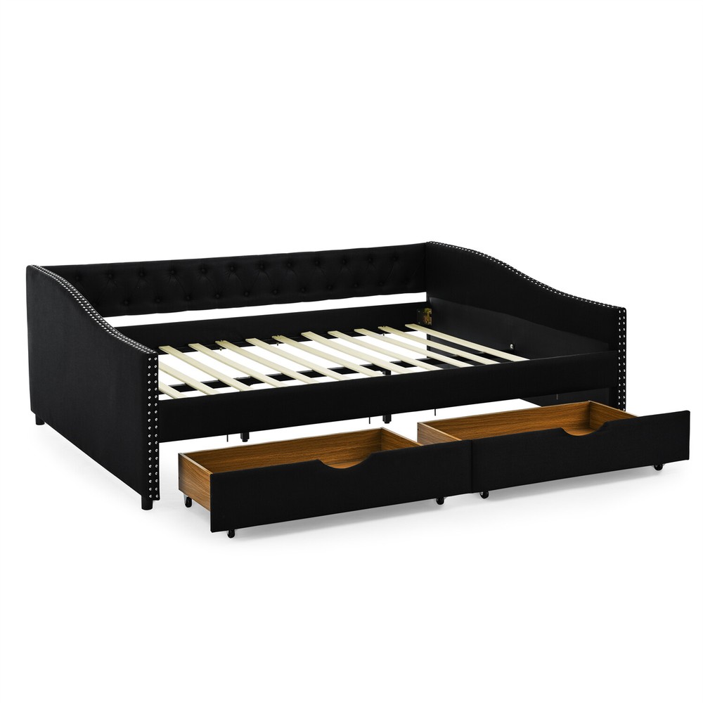 Queen Size Daybed w/ 2 Storage Drawers Upholstered Bed Frame Sofa Bed US