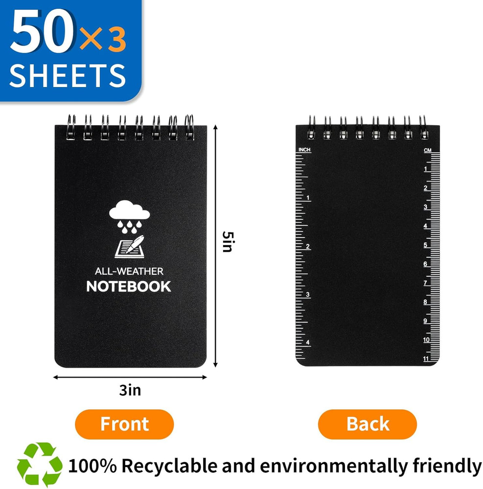 3 Pack Waterproof Notebook, 3 X 5 Pocket Notepad, All Weather Small Pocket Noteb