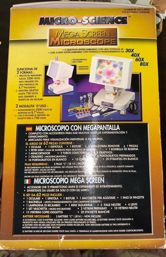 Vintage MICRO-SCIENCE MEGA SCREEN MICROSCOPE 62 PCS 1998-Used/Powers On