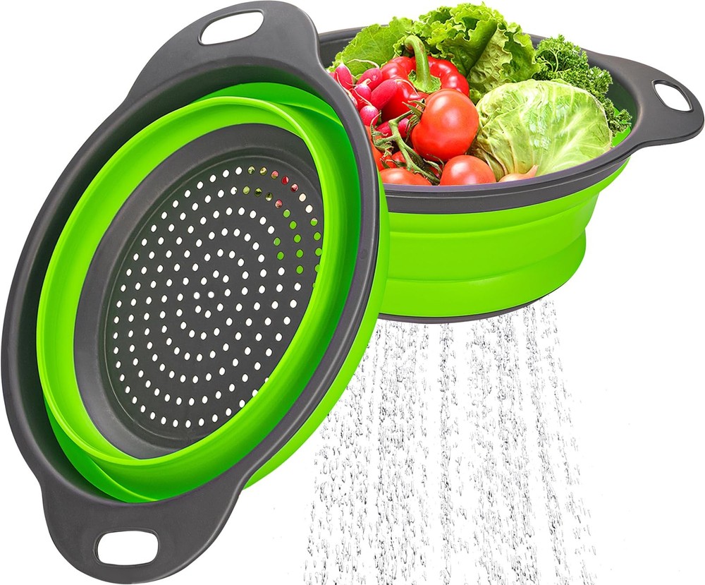 2 Pack Green Collapsible Silicone Colanders, Round Kitchen Strainer Set