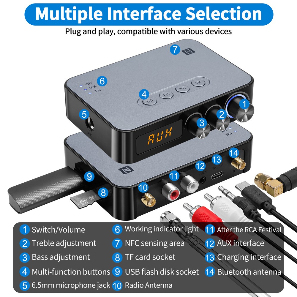 98ft Long Range 5.1 Bluetooth Audio Transmitter Receiver NFC Cordless Adapter