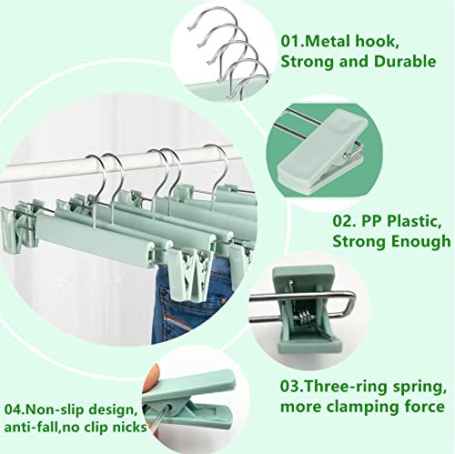 10Pack Light Green Pants Skirt Hangers with Clips Space Saving