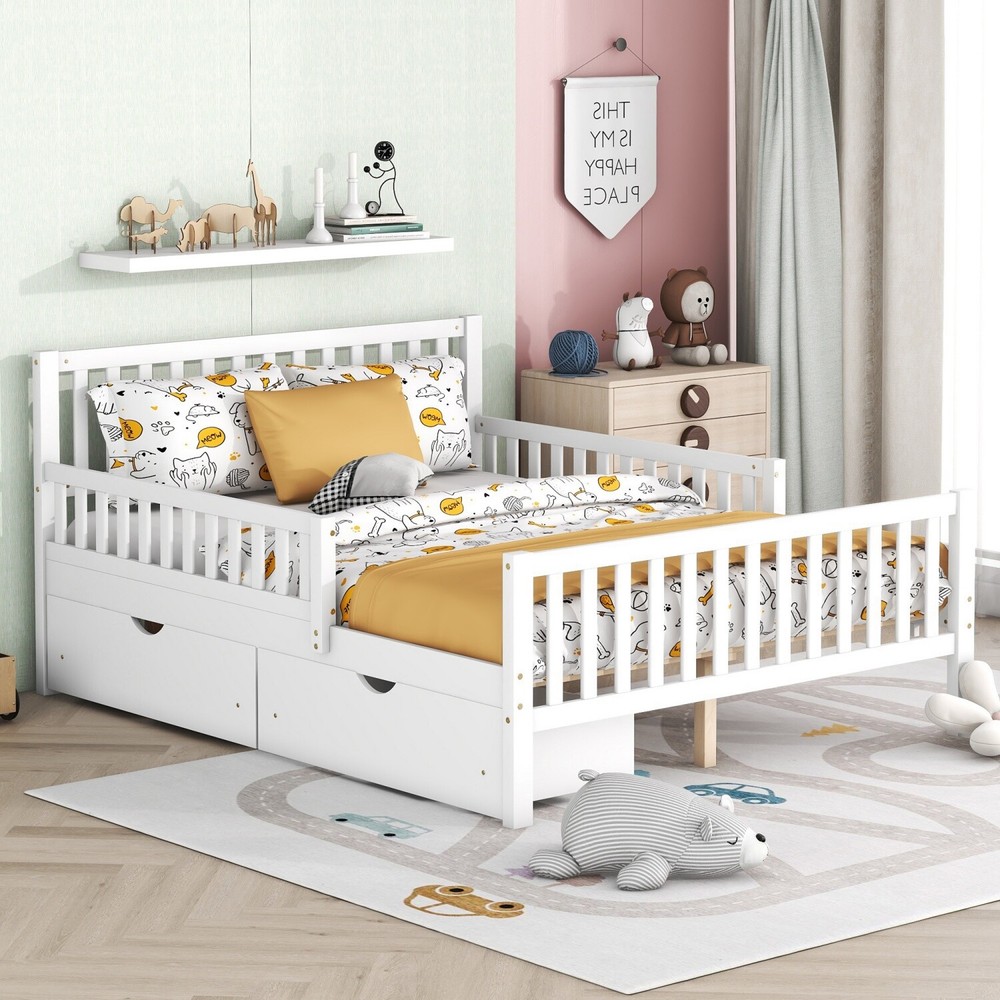 Full Size Bed Frame Wood Platform Bed Frame w/ 2 Drawer & Guardrails White